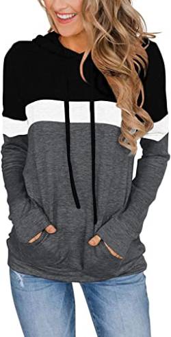 VIGVAN Damen Hoodie Farbblock Kapuzenpullover Casual Pullover Sweatshirt Gestreifte Langarmshirt Kordelzug Oberteile mit Taschen (XXL, Schwarz) von VIGVAN