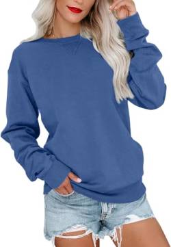 VIGVAN Damen Sweatshirt Pullover Elegant Basic Langarmshirt Rundhals Baumwolle Pulli Herbst Winter Casual Oberteile Langarm Tops (Blau, L) von VIGVAN