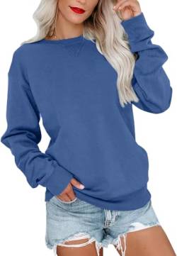 VIGVAN Damen Sweatshirt Pullover Elegant Basic Langarmshirt Rundhals Baumwolle Pulli Herbst Winter Casual Oberteile Langarm Tops (Blau, XXL) von VIGVAN