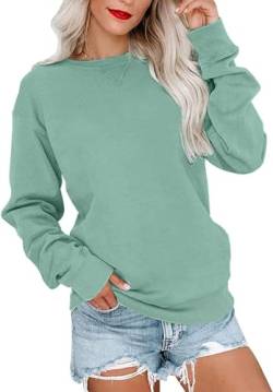 VIGVAN Damen Sweatshirt Pullover Elegant Basic Langarmshirt Rundhals Baumwolle Pulli Herbst Winter Casual Oberteile Langarm Tops (Grün-2, XXL) von VIGVAN