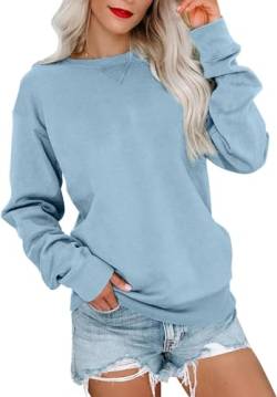 VIGVAN Damen Sweatshirt Pullover Elegant Basic Langarmshirt Rundhals Baumwolle Pulli Herbst Winter Casual Oberteile Langarm Tops (Hellblau, L) von VIGVAN