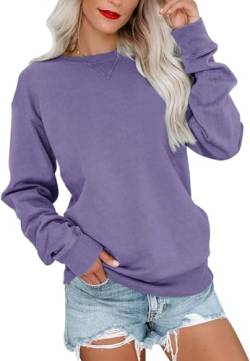 VIGVAN Damen Sweatshirt Pullover Elegant Basic Langarmshirt Rundhals Baumwolle Pulli Herbst Winter Casual Oberteile Langarm Tops (Lila, M) von VIGVAN