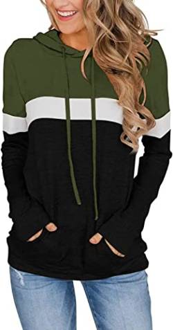 VIGVAN Hoodie Damen Sweatshirt Rundhals Farbblock Kapuzenpullover Streetwear Casual Pullover Langarmshirt Elegant Oberteile mit Taschen（S,Grün von VIGVAN