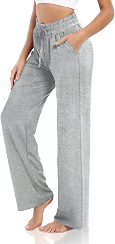 VIGVAN Jogginghose Damen Baumwolle Freizeithose Yogahose Weites Bein Aktive Freizeit Kordelzug Lose Lounge Pants Breites Bein Hausehose Sporthose mit Taschen (Hellgrau, L) von VIGVAN