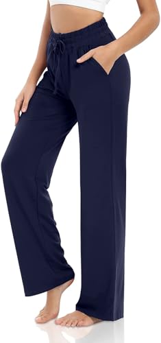 VIGVAN Jogginghose Damen Baumwolle Freizeithose Yogahose Weites Bein Aktive Freizeit Kordelzug Lose Lounge Pants Breites Bein Hausehose Sporthose mit Taschen (Navy blau, L) von VIGVAN