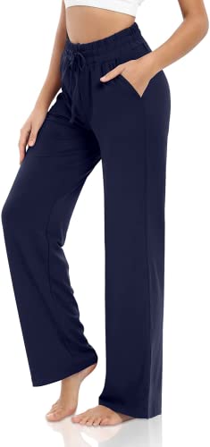 VIGVAN Jogginghose Damen Baumwolle Freizeithose Yogahose Weites Bein Aktive Freizeit Kordelzug Lose Lounge Pants Breites Bein Hausehose Sporthose mit Taschen (Navy blau, S-1) von VIGVAN