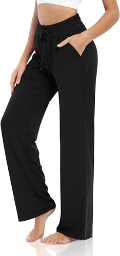 VIGVAN Jogginghose Damen Baumwolle Freizeithose Yogahose Weites Bein Aktive Freizeit Kordelzug Lose Lounge Pants Breites Bein Hausehose Sporthose mit Taschen (Schwarz, L) von VIGVAN