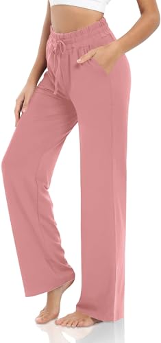 VIGVAN Jogginghose Damen Baumwolle Weites Bein Yogahose Sweatpants Freizeithose Lang Kordelzug Lose Lounge Pants Jogging Hose Hausehose Sporthose mit Taschen (Rosa, L) von VIGVAN