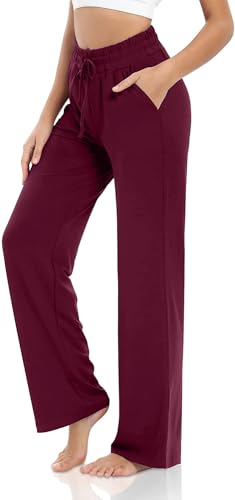 VIGVAN Jogginghose Damen Baumwolle Weites Bein Yogahose Sweatpants Freizeithose Lang Kordelzug Lose Lounge Pants Jogging Hose Hausehose Sporthose mit Taschen (Weinrot, M) von VIGVAN