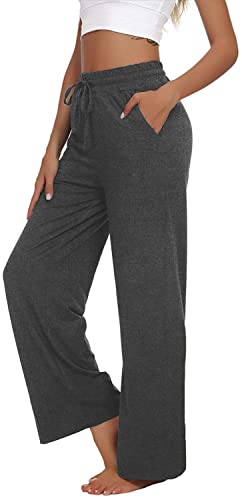 VIGVAN Jogginghose Damen Yogahose Weites Bein Freizeithose Trainingshose Sporthose Aktive Freizeit Gerades Bein Kordelzug Lose Lounge Pants mit Taschen (B-Dunkelgrau, M) von VIGVAN