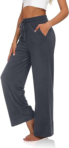 VIGVAN Jogginghose Damen Yogahose Weites Bein Freizeithose Trainingshose Sporthose Aktive Freizeit Gerades Bein Kordelzug Lose Lounge Pants mit Taschen (Dunkelgrau, XXL) von VIGVAN