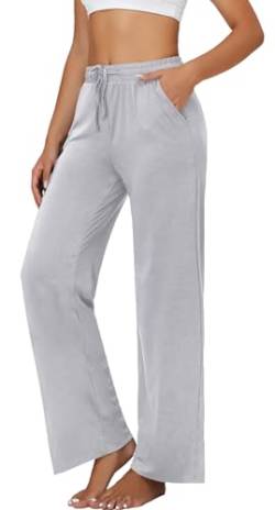 VIGVAN Jogginghose Damen Yogahose Weites Bein Freizeithose Trainingshose Sporthose Aktive Freizeit Gerades Bein Kordelzug Lose Lounge Pants mit Taschen (Grau, L) von VIGVAN