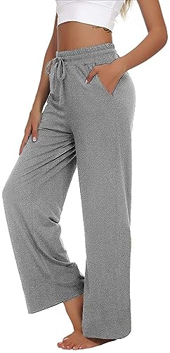 VIGVAN Jogginghose Damen Yogahose Weites Bein Freizeithose Trainingshose Sporthose Aktive Freizeit Gerades Bein Kordelzug Lose Lounge Pants mit Taschen (Hellgrau, M) von VIGVAN