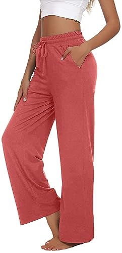 VIGVAN Jogginghose Damen Yogahose Weites Bein Freizeithose Trainingshose Sporthose Aktive Freizeit Gerades Bein Kordelzug Lose Lounge Pants mit Taschen (Rosa, XL-1) von VIGVAN