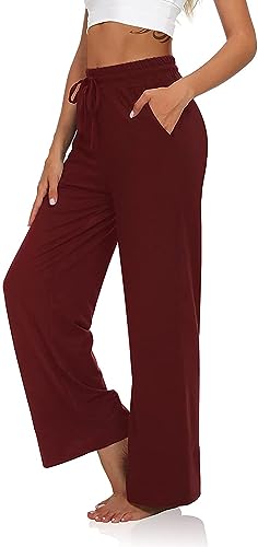 VIGVAN Jogginghose Damen Yogahose Weites Bein Freizeithose Trainingshose Sporthose Aktive Freizeit Gerades Bein Kordelzug Lose Lounge Pants mit Taschen (Weinrot, L-1) von VIGVAN