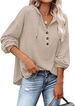 VIGVAN Kapuzenpullover Damen Hoodie Langarm V-Ausschnitt Pullover Knopfleiste Henley Sweatshirt mit Kapuze Kordelzug Oberteil (Aprikose,M) von VIGVAN