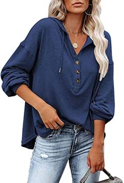 VIGVAN Kapuzenpullover Damen Hoodie Langarm V-Ausschnitt Pullover Knopfleiste Henley Sweatshirt mit Kapuze Kordelzug Oberteil (Blau,M) von VIGVAN