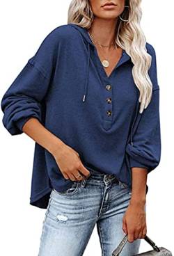 VIGVAN Kapuzenpullover Damen Hoodie Langarm V-Ausschnitt Pullover Knopfleiste Henley Sweatshirt mit Kapuze Kordelzug Oberteil (Blau,XL-1) von VIGVAN