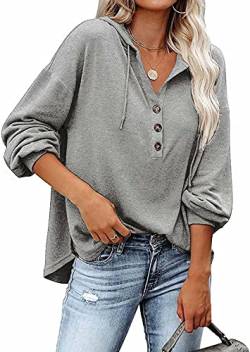 VIGVAN Kapuzenpullover Damen Hoodie Langarm V-Ausschnitt Pullover Knopfleiste Henley Sweatshirt mit Kapuze Kordelzug Oberteil (Grau,L-1) von VIGVAN