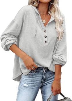 VIGVAN Kapuzenpullover Damen Hoodie Langarm V-Ausschnitt Pullover Knopfleiste Henley Sweatshirt mit Kapuze Kordelzug Oberteil (Hellgrau,M) von VIGVAN