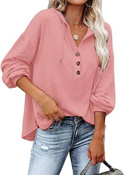 VIGVAN Kapuzenpullover Damen Hoodie Langarm V-Ausschnitt Pullover Knopfleiste Henley Sweatshirt mit Kapuze Kordelzug Oberteil (Rosa,S) von VIGVAN