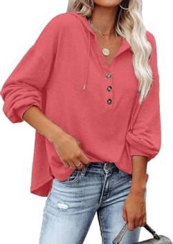 VIGVAN Kapuzenpullover Damen Hoodie Langarm V-Ausschnitt Pullover Knopfleiste Henley Sweatshirt mit Kapuze Kordelzug Oberteil (Rot,L) von VIGVAN