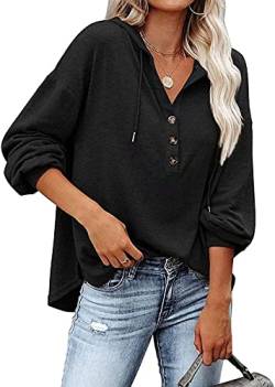 VIGVAN Kapuzenpullover Damen Hoodie Langarm V-Ausschnitt Pullover Knopfleiste Henley Sweatshirt mit Kapuze Kordelzug Oberteil (Schwarz,M) von VIGVAN