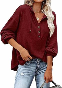 VIGVAN Kapuzenpullover Damen Hoodie Langarm V-Ausschnitt Pullover Knopfleiste Henley Sweatshirt mit Kapuze Kordelzug Oberteil (Wein Rot,L) von VIGVAN