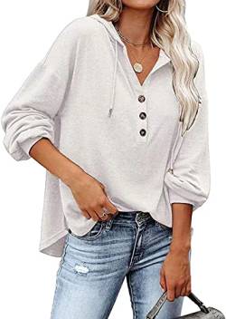 VIGVAN Kapuzenpullover Damen Hoodie Langarm V-Ausschnitt Pullover Knopfleiste Henley Sweatshirt mit Kapuze Kordelzug Oberteil (Weiß,L-1) von VIGVAN