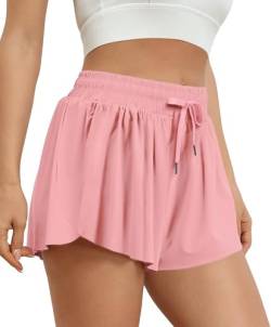 VIGVAN Shorts Damen Sommer Sport Shorts Kurze Hose 2 in 1 Flowy Running Shorts Yoga Biker Shorts Schnelltrocknende Gym Fitness Shorts Sportrock Damen (Hellpink, S) von VIGVAN