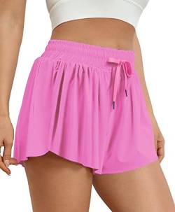 VIGVAN Shorts Damen Sommer Sport Shorts Kurze Hose 2 in 1 Flowy Running Shorts Yoga Biker Shorts Schnelltrocknende Gym Fitness Shorts Sportrock Damen (Rosa, S) von VIGVAN