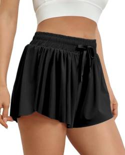 VIGVAN Shorts Damen Sommer Sport Shorts Kurze Hose 2 in 1 Flowy Running Shorts Yoga Biker Shorts Schnelltrocknende Gym Fitness Shorts Sportrock Damen (Schwarz, L) von VIGVAN