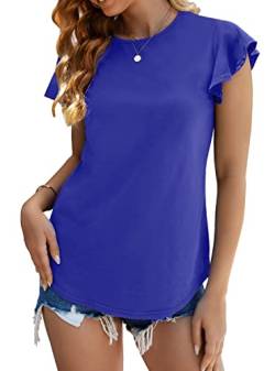 VIGVAN T-Shirt Damen Sommer Oberteile Basic Kurzarm Shirts Elegant Rundhals Casual Tunika Bluse Tops (L, Blau) von VIGVAN