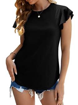 VIGVAN T-Shirt Damen Sommer Oberteile Basic Kurzarm Shirts Elegant Rundhals Casual Tunika Bluse Tops (M, Schwarz) von VIGVAN