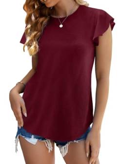 VIGVAN T-Shirt Damen Sommer Oberteile Basic Kurzarm Shirts Elegant Rundhals Casual Tunika Bluse Tops (XL, Weinrot) von VIGVAN