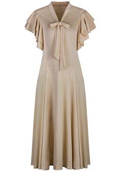 VIJIV Damen Vintage 1920s V Ausschnitt Lang Schrägschnitt Ärmellos mit Flatterärmeln Bowknot Flapper Kleid - Beige - 34-36 von VIJIV
