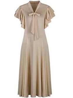 VIJIV Damen Vintage 1920s V Ausschnitt Lang Schrägschnitt Ärmellos mit Flatterärmeln Bowknot Flapper Kleid - Beige - 42-44 von VIJIV