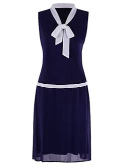 Vijiv Damen 1920 Midi Flapper-Kleid mit V-Ausschnitt Grau Bow Roaring 20s Great Gatsby Kleid Mittel Blau von VIJIV