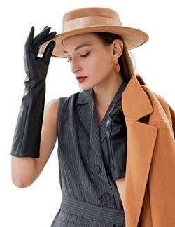 VIKIDEER Elegante Winterhandschuhe für Damen, lange Lederhandschuhe, mit Touchscreen, warm gefüttert, echtes Leder, Schwarz, 15.5''-black, Small von VIKIDEER