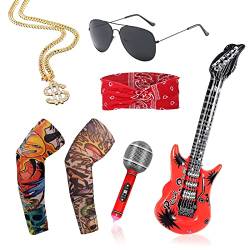 VIKSAUN 7 Stück Punk Gothic Rocker Kit, 70er 80er 90er Jahre Schwermetall Rock Kostüm, Vintage rotes Stirnband Sonnenbrille Aufblasbare Mikrofongitarre Gitarre für Männer Frauen Punk Rocker (7 Stück) von VIKSAUN