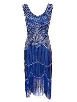 VILOREE 1920 Pailletten verschönert Quasten Falten Flapper Damen Mini Kleid Party Gastby Motto Blau XL von VILOREE