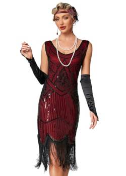 VILOREE 1920 Pailletten verschönert Quasten Falten Flapper Damen Mini Kleid Party Gastby Motto Burgunder Schwarz L von VILOREE