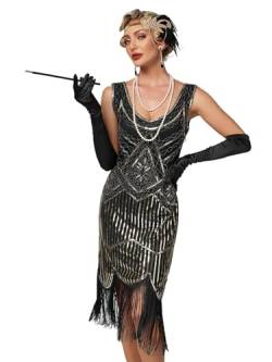 VILOREE 1920 Pailletten verschönert Quasten Falten Flapper Damen Mini Kleid Party Gastby Motto Gold Schwarz S von VILOREE