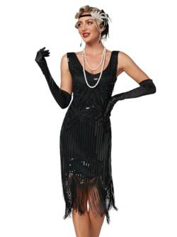 VILOREE 1920 Pailletten verschönert Quasten Falten Flapper Damen Mini Kleid Party Gastby Motto Schwarz L von VILOREE