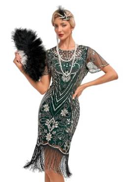 VILOREE 1920s Kleid Damen Flapper Charleston Kleid Gatsby Pailletten Cocktail Abschlussballkleid Party Kostüm Kleid Gold & Grün (53) S von VILOREE