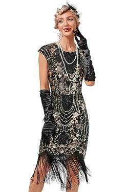 VILOREE 1920s Kleid Damen Flapper Charleston Kleid Gatsby Pailletten Cocktail Abschlussballkleid Party Kostüm Kleid Schwarz & Gold (51) M von VILOREE