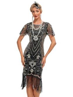 VILOREE 1920s Kleid Damen Flapper Charleston Kleid Gatsby Pailletten Cocktail Abschlussballkleid Party Kostüm Kleid Schwarz & Gold (53) 2XL von VILOREE