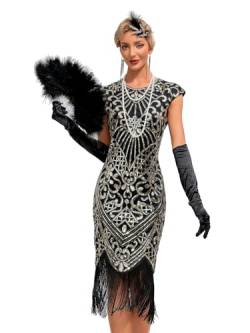 VILOREE 1920s Kleid Damen Flapper Charleston Kleid Gatsby Pailletten Cocktail Abschlussballkleid Party Kostüm Kleid Schwarz & Gold (54) 3XL von VILOREE