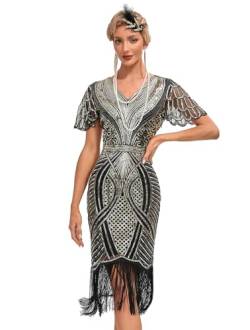 VILOREE 1920s Kleid Damen Flapper Charleston Kleid Gatsby Pailletten Cocktail Abschlussballkleid Party Kostüm Kleid Schwarz & Gold (55) 3XL von VILOREE