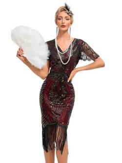 VILOREE 1920s Kleid Damen Flapper Charleston Kleid Gatsby Pailletten Cocktail Abschlussballkleid Party Kostüm Kleid Schwarz & Rot (55) M von VILOREE